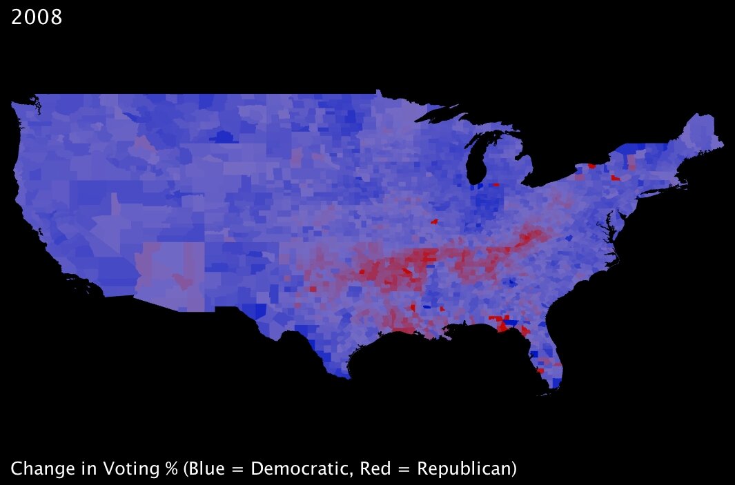 2008 Election - Change in Voting Percentages from Republican to Democrat