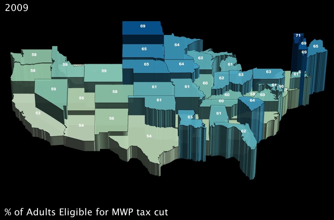 Percentage of Adults Eligible for the Making Work Pay tax cut, by State (3D)