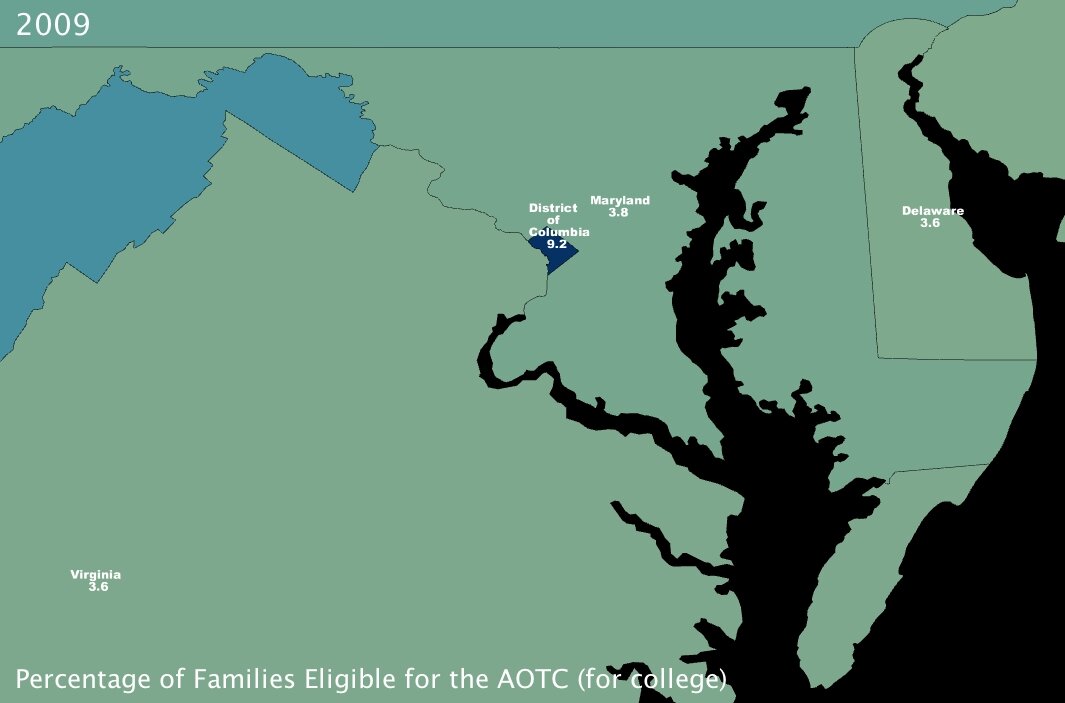 Percentage of Families Eligible for the American Opportunity Tax Credit, near Washington DC, by State