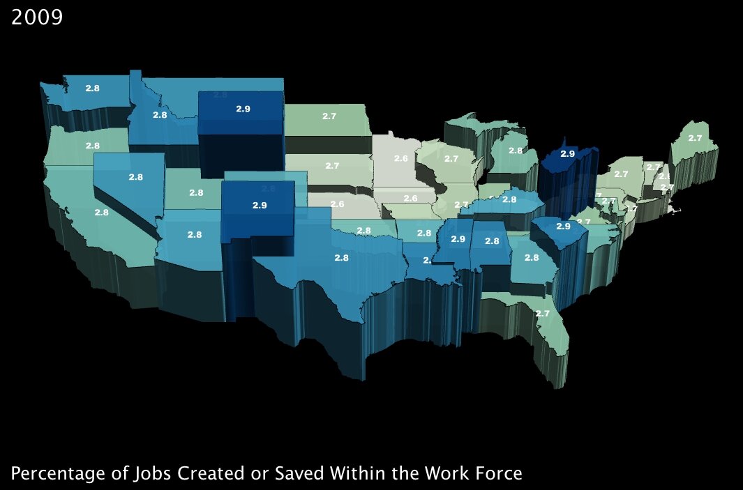 Percentage of Jobs Created or Saved with the Obama Stimulus Package, by State (3D)